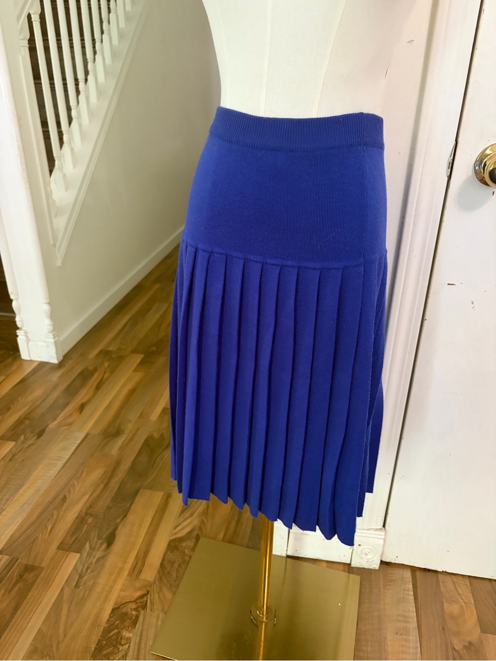 Vintage Pleated Lambswool Knit Midi Skirt in Violet / Cobalt Blue, Large, EUC